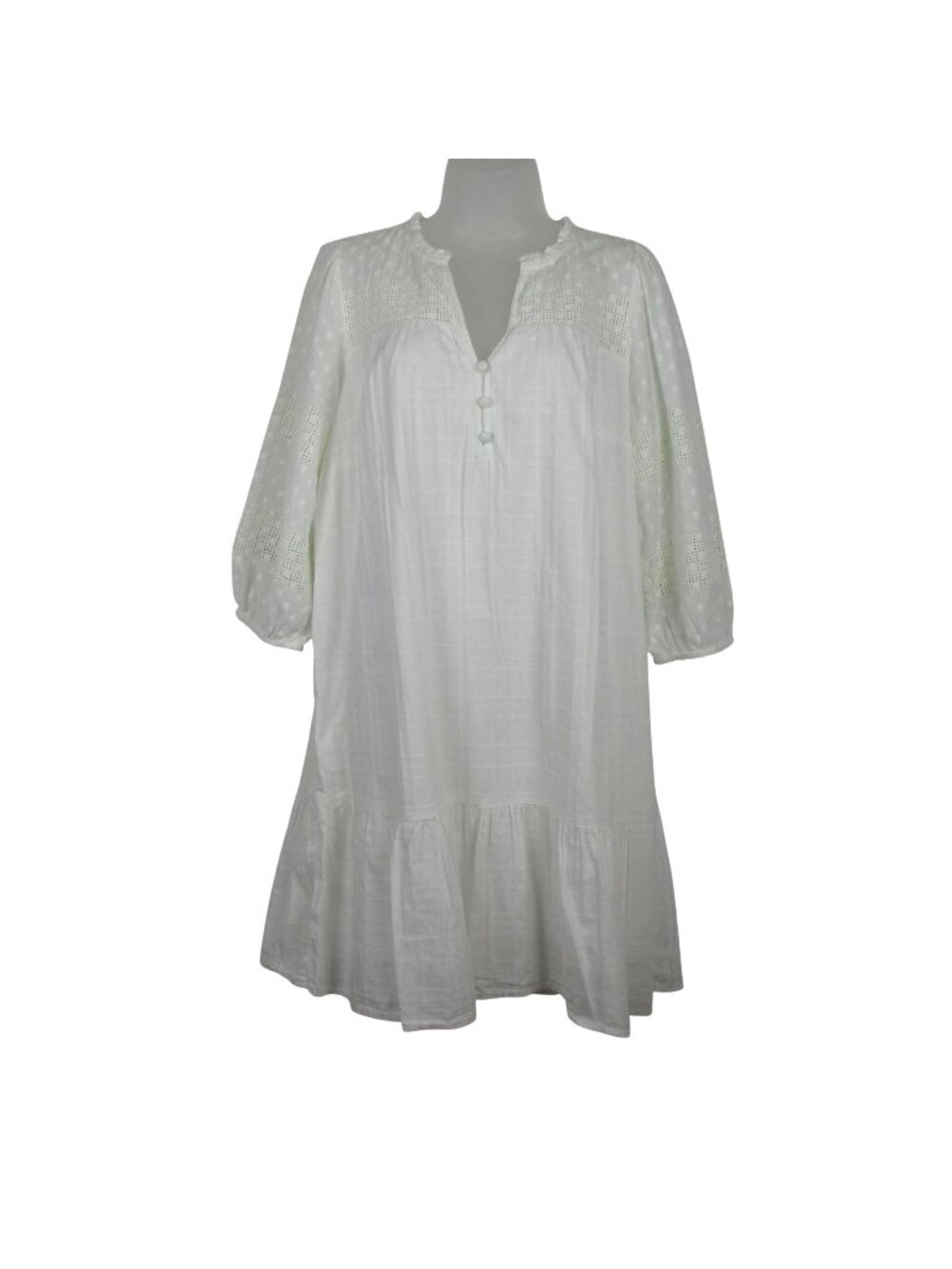 Loft White Cotton Boho Midi Dress With Polka Dot & Crochet Details Size L Demure